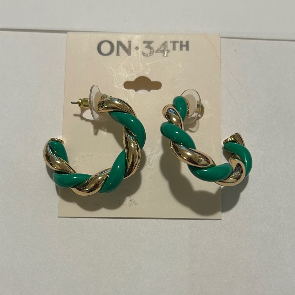 Green and Gold Twisted Hoop Earrings-Pierced
